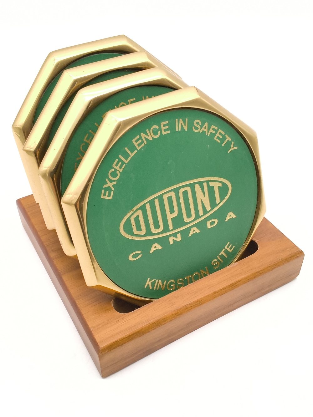 Vintage DuPont Canada Brass & Green Coaster Set with Wood Base – Kingston Site